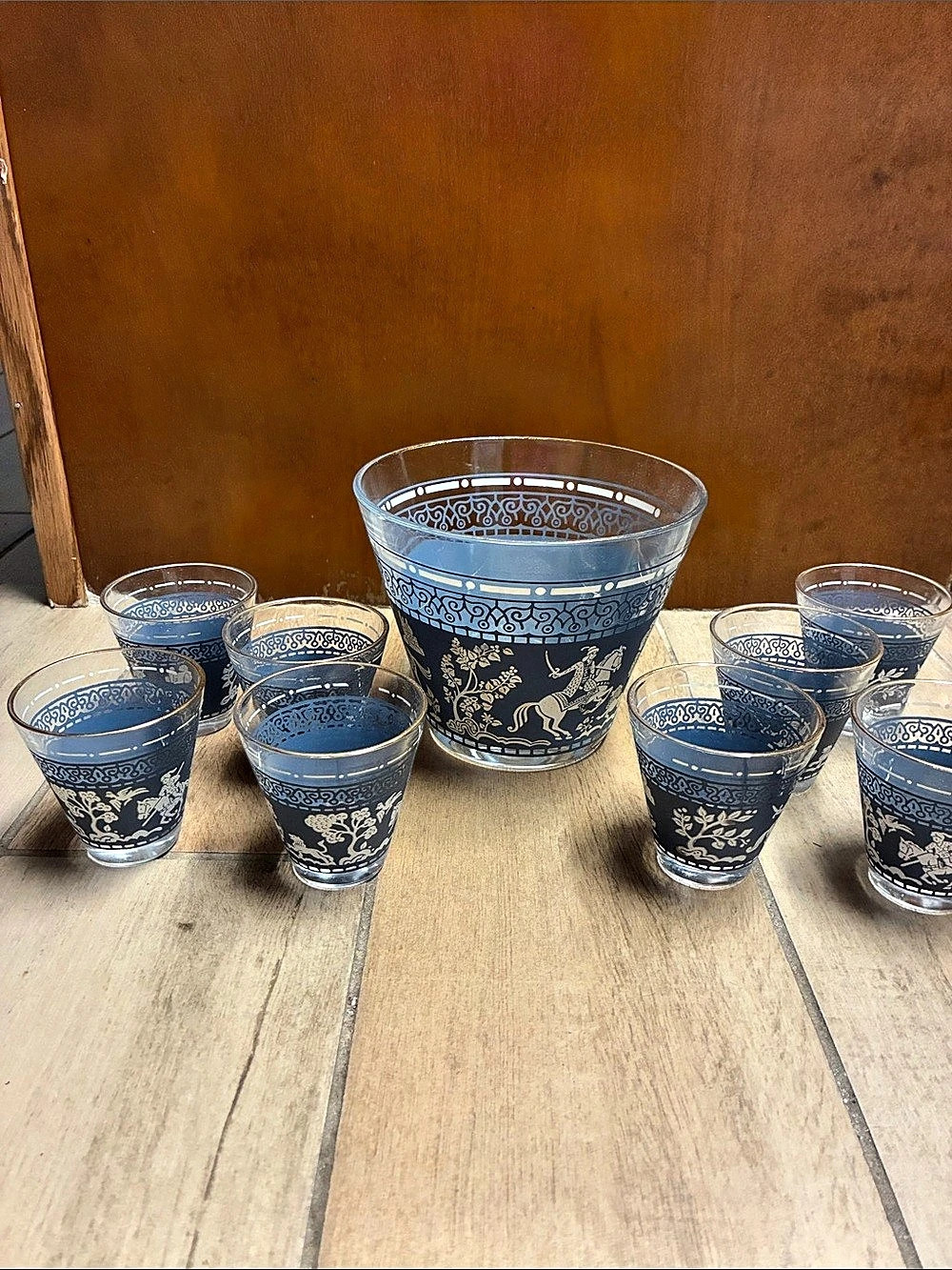 Vintage Blue &Gold Jasperware ice bucket and 8 glasses